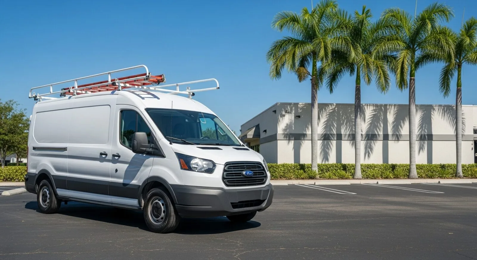 White commercial work van with ladder rack parked outside a small Florida business under clear blue sky