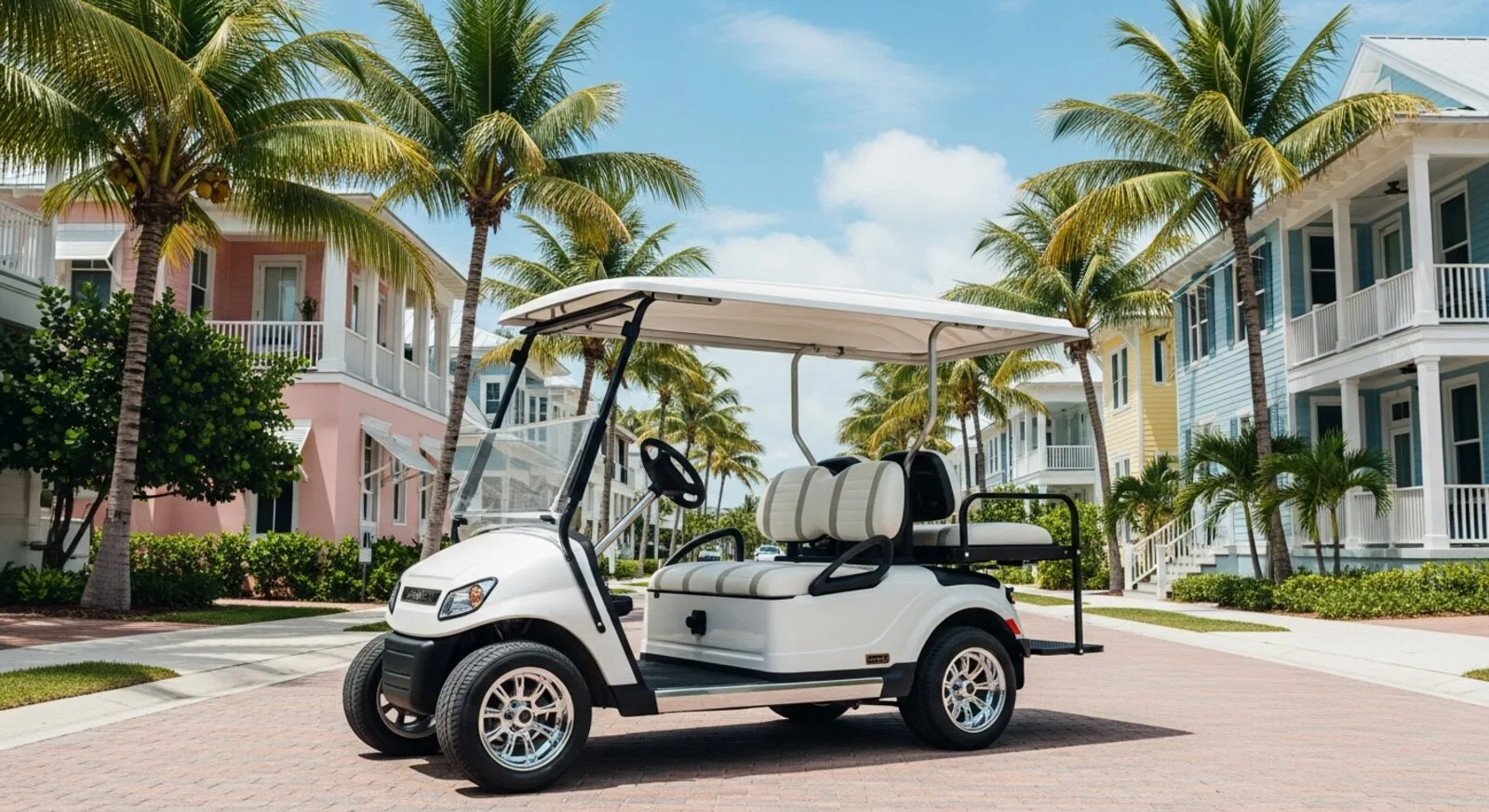 White street-legal golf cart parked on a sunny brick-paved street in a South Florida coastal community