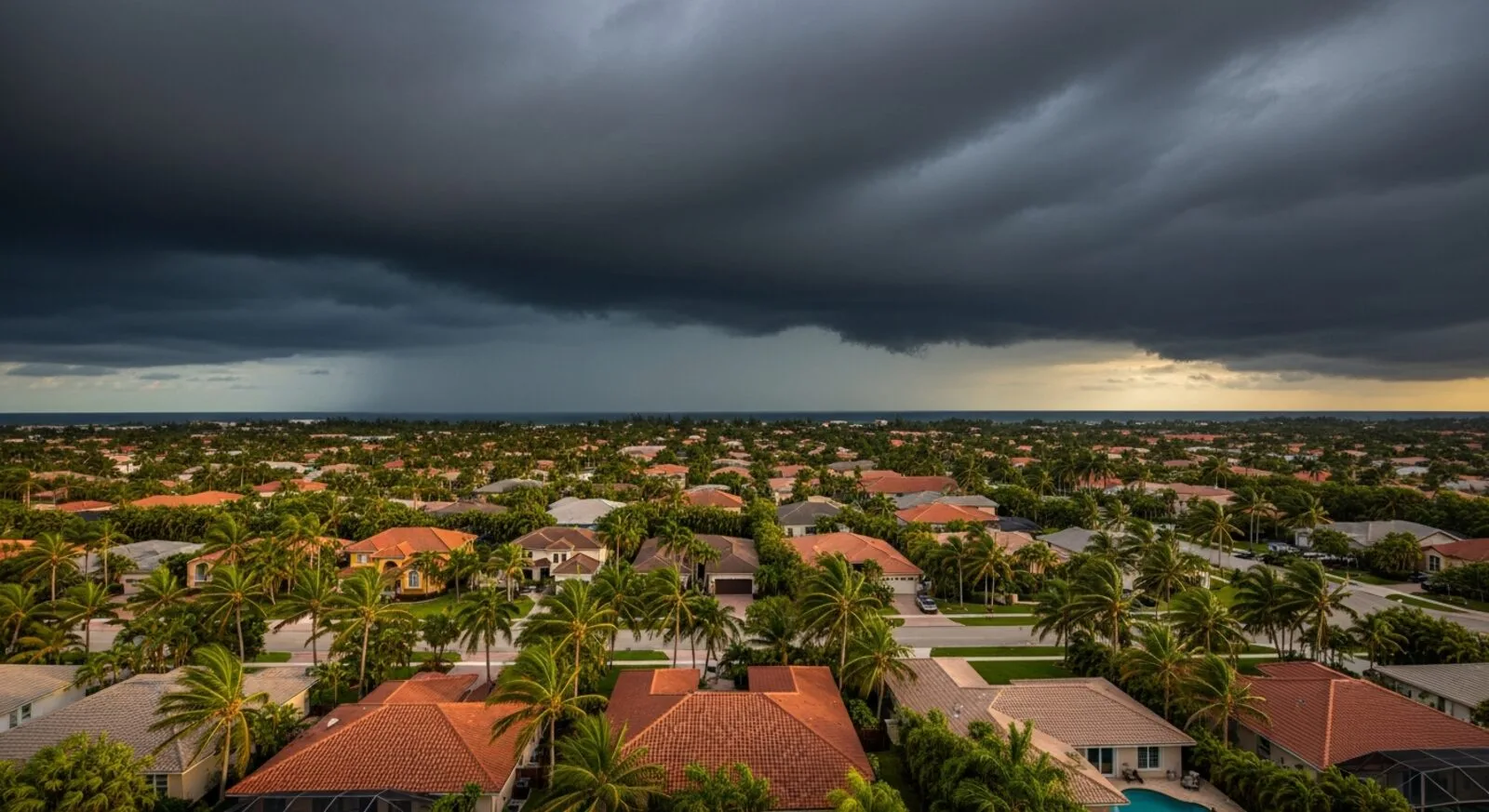 Aerial view of a South Florida neighborhood with palm trees and approaching hurricane storm clouds