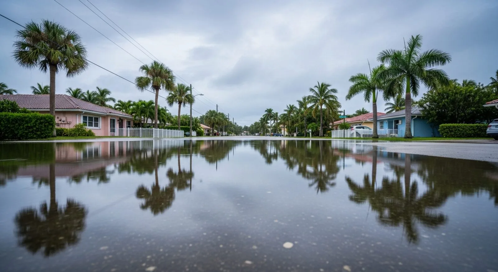 South Florida residential street partially flooded after heavy rainfall, palm trees reflected in calm water