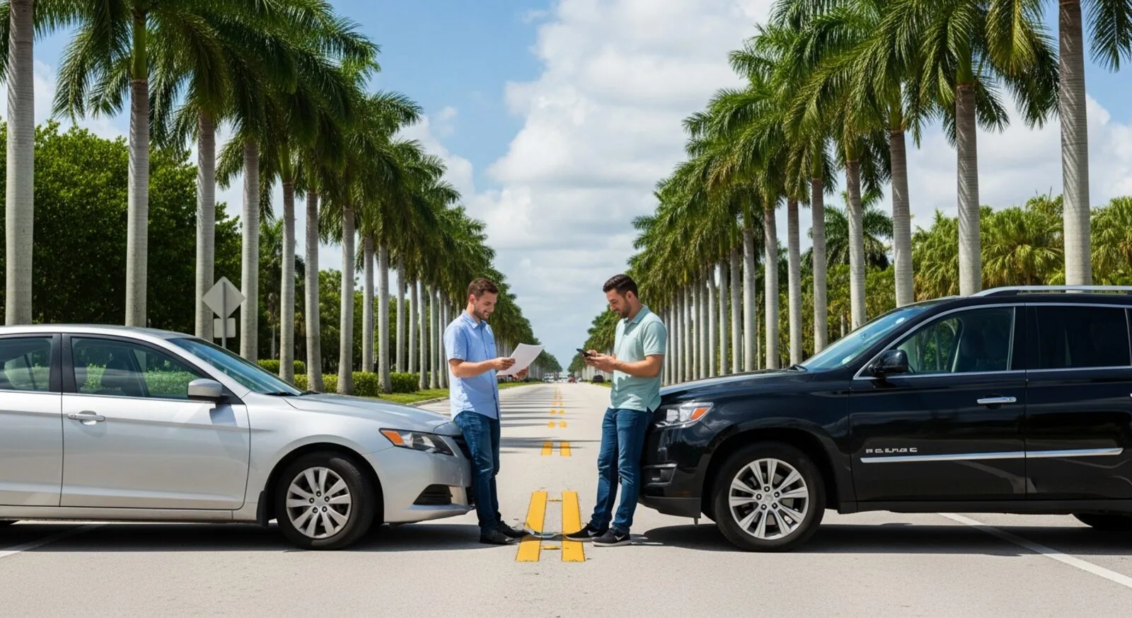 Two cars stopped on a sunlit Florida road after a minor accident with palm trees in the background